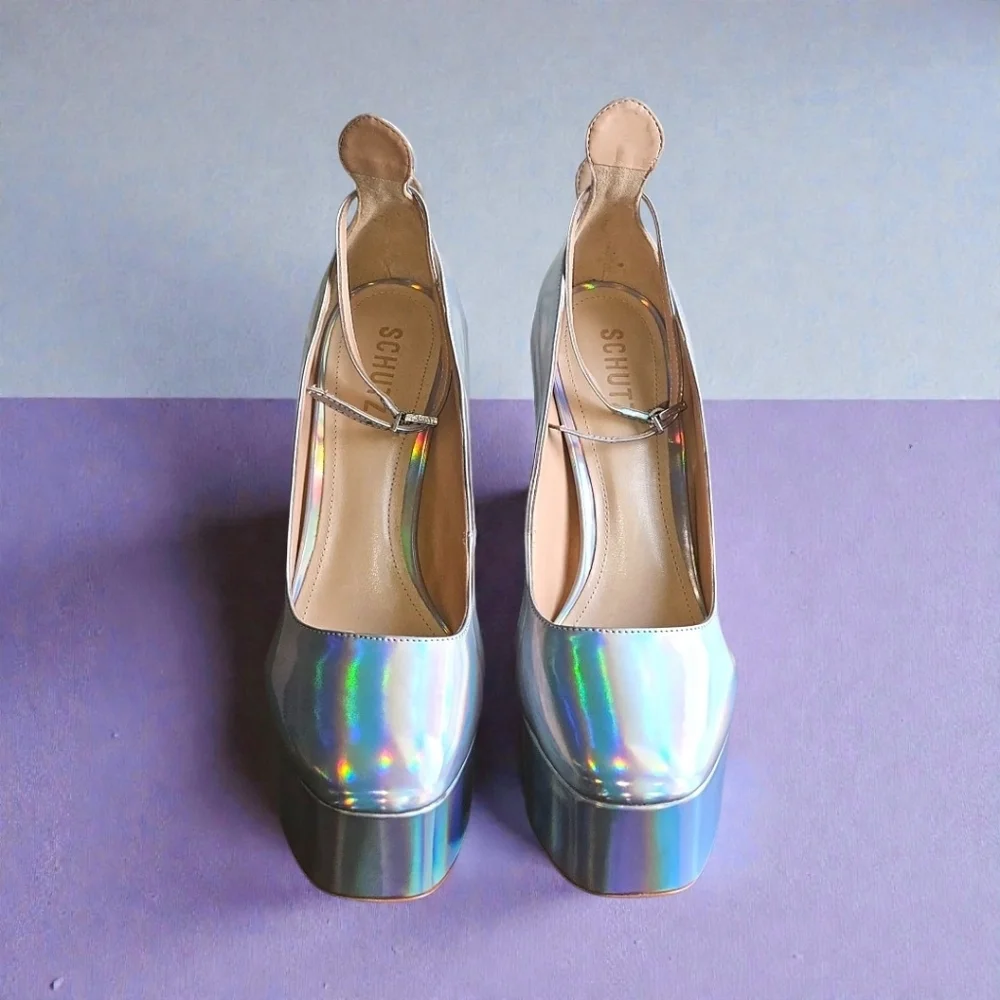 Schutz Renee 9B Holographic Platform Heels Leather